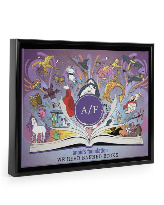 0x8 canvas print of Annie’s Foundation banned books artwork, set in a bold black floating frame. Rich, vibrant print on premium canvas with hanging hardware