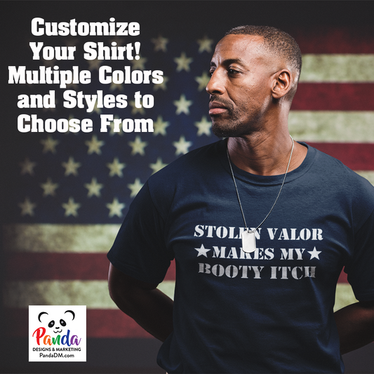 man standing at attention in front of American flag wearing a t-shirt that reads "Stolen Valor Makes My Booty Itch"