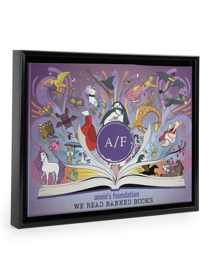 0x8 canvas print of Annie’s Foundation banned books artwork, set in a bold black floating frame. Rich, vibrant print on premium canvas with hanging hardware