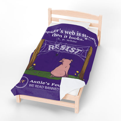 Velveteen Blanket — "A Spider's Web is Stronger Than it Looks" Resist Pig Design (Annie's Foundation)