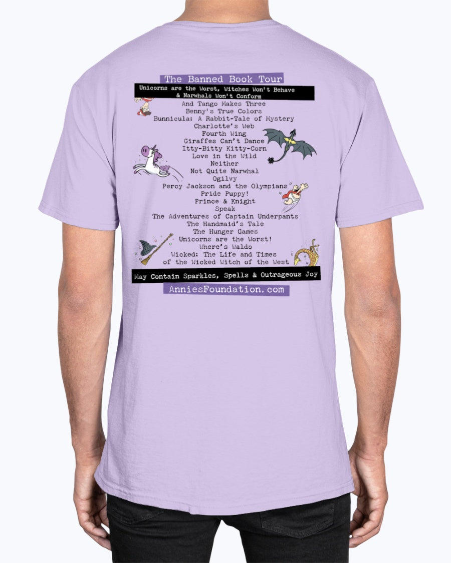 Annie’s Foundation ‘We Read Banned Books’ design on orchid t-shirt; whimsical art inspired by beloved banned books.