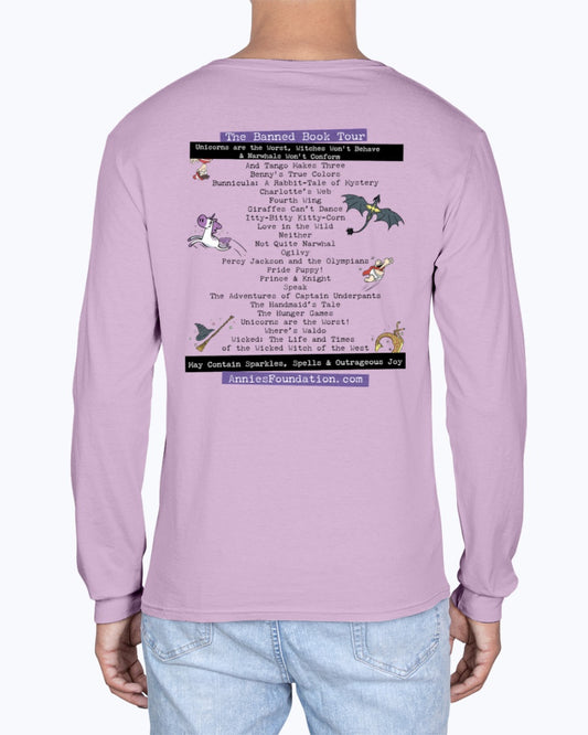 Back Imprint (Optional) Annie’s Foundation ‘We Read Banned Books’ design on orchid t-shirt; whimsical art inspired by beloved banned books.