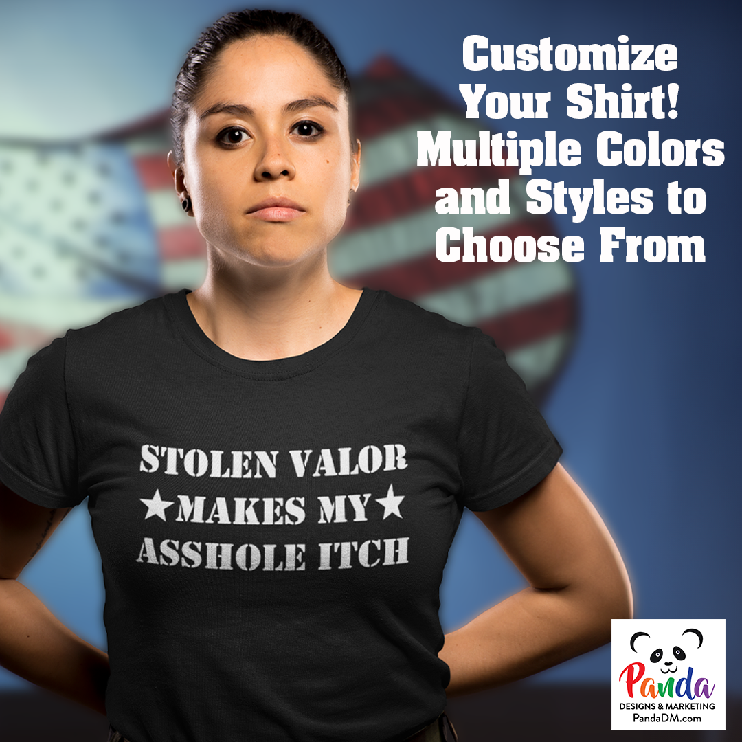 woman standing at attention wearing black shirt that read Stolen Valor Makes My Asshole Itch