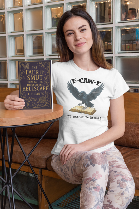 F-Caw-F I'd Rather Be Reading - Sublimated Funny T-shirt with Raven and Book