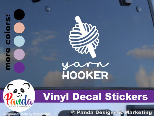 Yarn Hooker vinyl decal sticker. vertical layout. Funny die-cut laptop sticker for wool and crochet lovers.