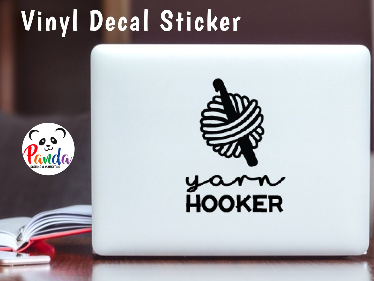 Yarn Hooker vinyl decal sticker. vertical layout. Funny die-cut laptop sticker for wool and crochet lovers.