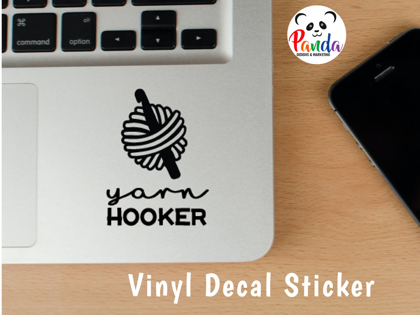 Yarn Hooker vinyl decal sticker. vertical layout. Funny die-cut laptop sticker for wool and crochet lovers.