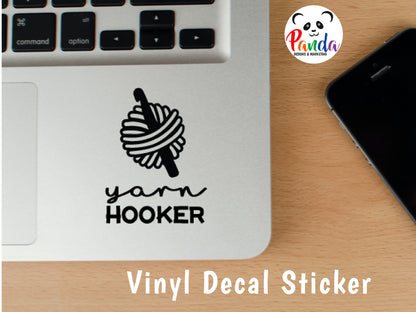 Yarn Hooker vinyl decal sticker. vertical layout. Funny die-cut laptop sticker for wool and crochet lovers.