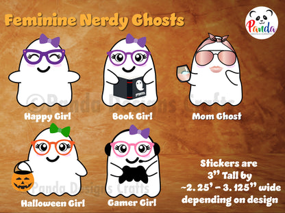 Nerdy Ghost Vinyl Stickers! 10 designs. Water resistant, cute halloween ghosts with glasses, dapper, book lover, decal, gamer, mom and dad.