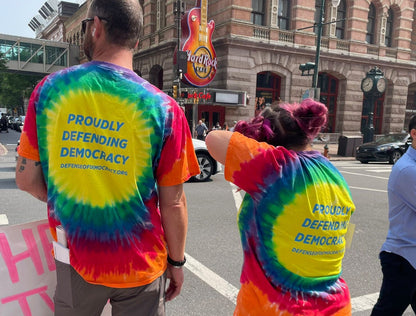 Proudly Defending Democracy Rainbow Tie Die Defense of Democracy T-shirt